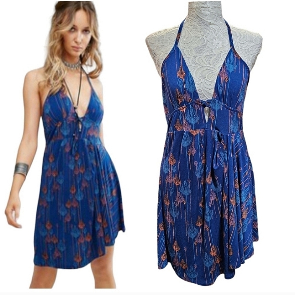 Free People Y2K Boho Blue Halter V-Neck Festival Open Back Printed Dress Medium